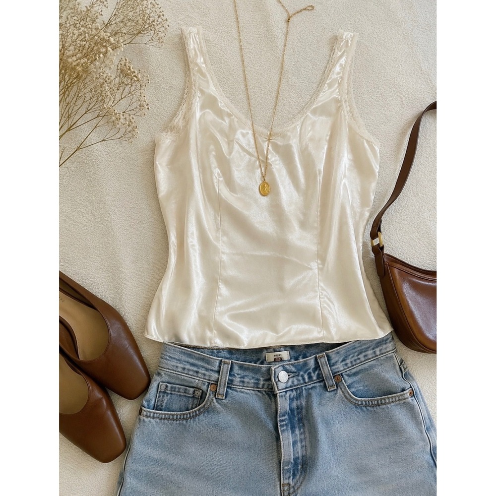 VTG Lorraine Ivory Satin Camisole Tank Lace Trim Antron Nylon Made USA Size 36 - Picture 2 of 6
